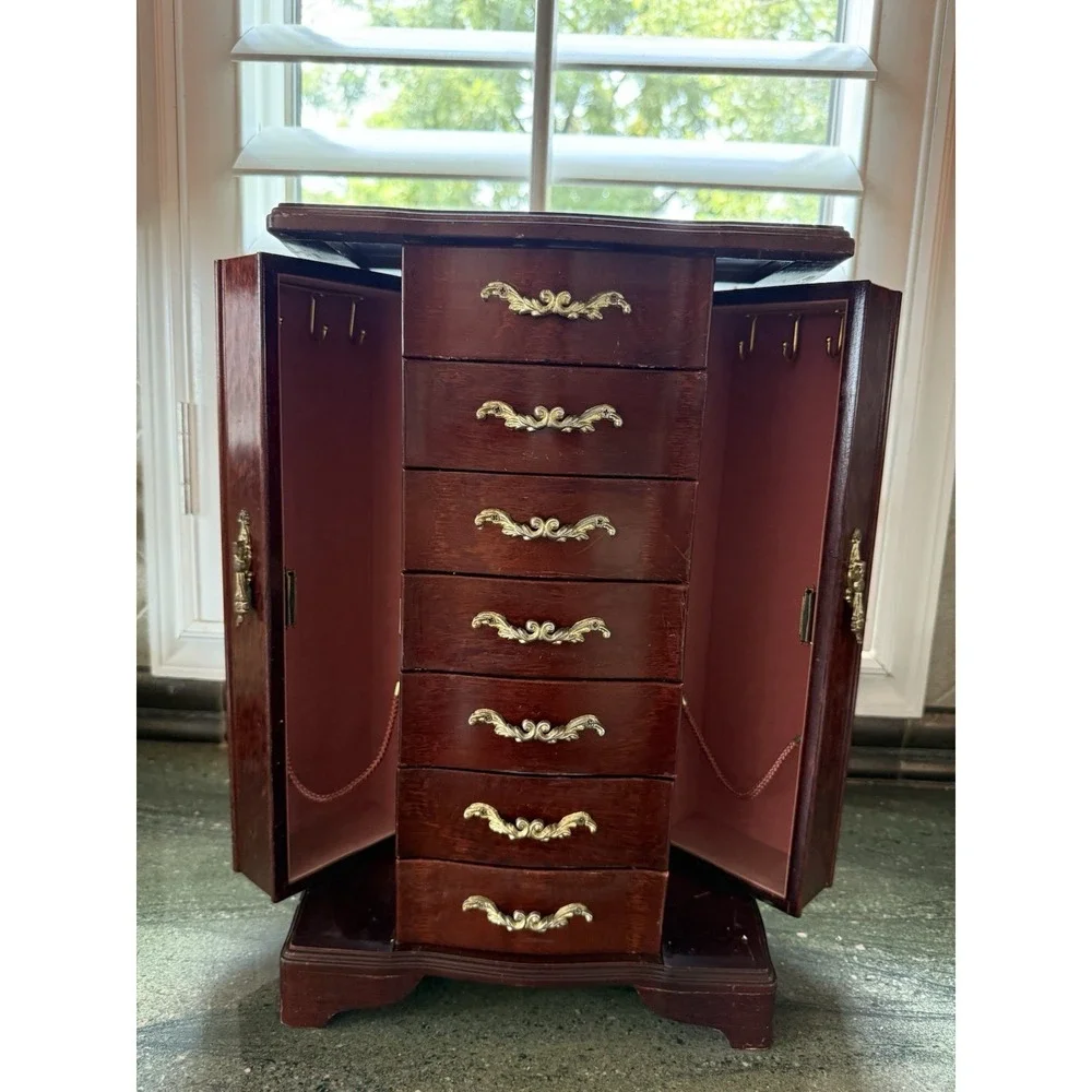 Vintage‎ Wood Jewelry Box 7 Drawer Two Doors...